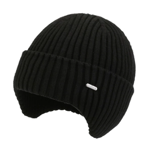 Winter black knit earflap hat with ribbed texture and metallic logo for windproof warmth