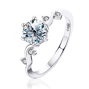 Classic six-prong S925 sterling silver ring with brilliant round moissanite in 45-degree view