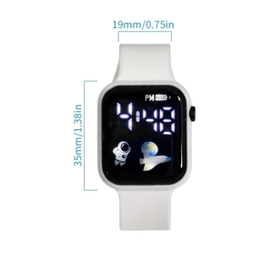 Square digital watch dimensions 35mm width and 19mm white silicone strap detail view