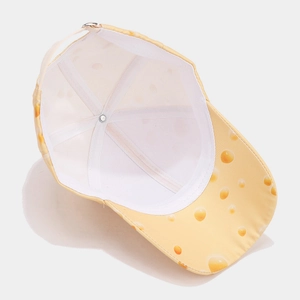 Yellow baseball cap with cheese pattern print featuring adjustable metal buckle