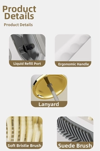 Detail view of liquid dispenser brush, ergonomic handle, lanyard, and dual bristles