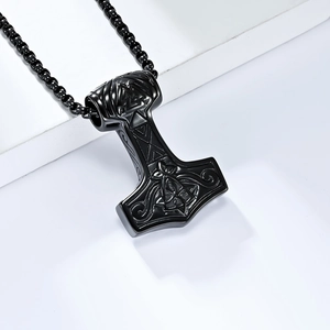 Matte black stainless steel Viking Mjölnir pendant necklace with Valknut knot and box chain