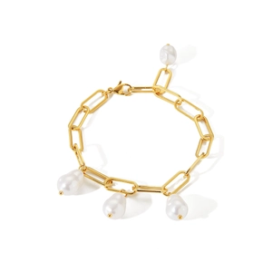 18K gold stainless steel chain bracelet with four baroque pearl charms and lobster clasp