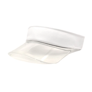 Close-up of a white sun visor with a transparent PVC brim for sun protection