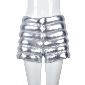 Front view of silver metallic puffer shorts featuring high-gloss quilted finish on white mannequin