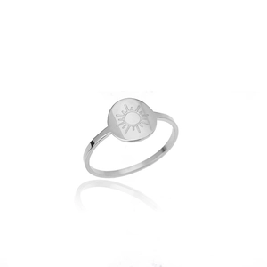 Detailed close-up of a silver stainless steel open ring featuring a sun engraving design