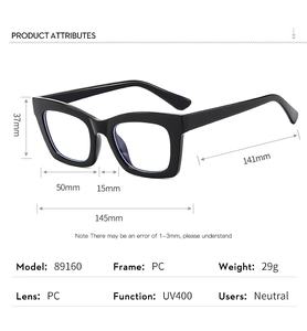Detailed dimension guide for black thick-framed UV400 anti-blue light glasses style 89160