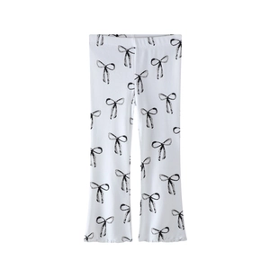 Leggings Évasés Côtelés Pour Filles Pantalon En Coton Imprimé Nœud Avec Bordure Volantée Taille Élastique Pantalon Souple
