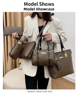 Detailed set of brown monogram tote, crossbody, and clutch bags shown with model