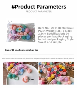 Detailed view of 20 pieces candy colored plush hair ties with 2.5cm soft pom-poms