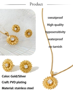Detailed view of stainless steel sunflower jewelry set with sparkling cubic zirconia