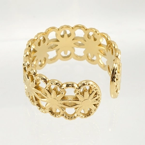 Gold hollow floral titanium steel open ring with adjustable design for women