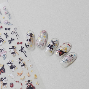 Detail of Halloween nail stickers with cute bunny wizards, bows and stars on clear film