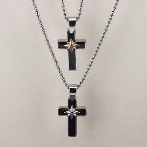 Minimalist titanium steel cross necklace with black carbon fiber and compass star pendant