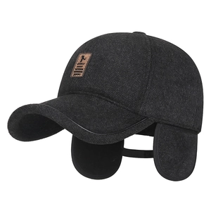 Mens winter baseball cap with ear flaps in dark grey thick wool for elderly fathers