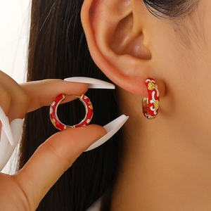 Retro colorful enamel flower hoop earrings for women with red floral petal patterns