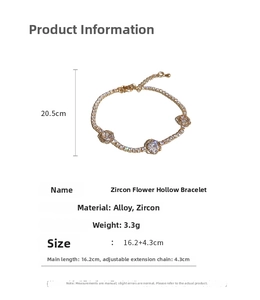 Detailed size specifications for the zircon flower bracelet with 16.2cm main chain and 4.3cm extension