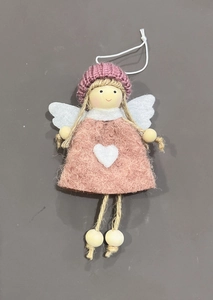 Close-up of a pink felt angel ornament with a knitted hat and white heart detail