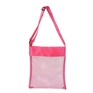Detail of pink mesh beach bag featuring adjustable shoulder strap and reinforced top edge