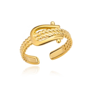 Detail of 18k gold plated horseshoe buckle ring with braided rope texture design