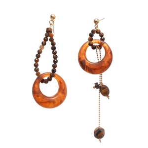 Asymmetric resin tiger eye earrings with amber circular pendants and beaded gold chains