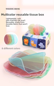 Detail of baby plush tissue box toy with eight colorful silk scarves for sensory play
