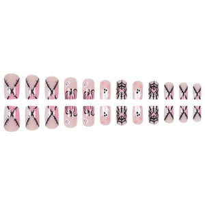 Pink Halloween press-on nails set featuring ghosts, spider webs and black thorn designs