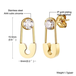 Detailed specs of gold safety pin earrings with AAA cubic zirconia in stainless steel