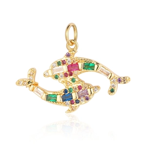 Detailed view of a gold dolphin pendant featuring colorful square and round gemstones