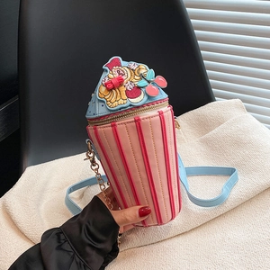 Creative Cupcake Shaped Crossbody Bag For Women Pink Striped PU Leather Shoulder Bag Sweet Novelty Handbag With Cherry Bow Decor Gift
