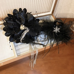 Set de pinces à cheveux en plumes noires avec strass flocons et pompons perles