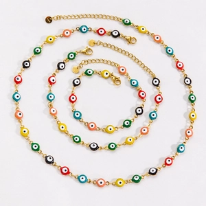 Golden stainless steel necklace and bracelet set with colorful enamel evil eye charms