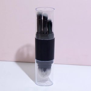 Five-in-one retractable makeup brush set with face and eye brushes in a clear case
