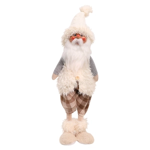 Bambola Babbo Natale con cappello in maglia grigia e pantaloni a scacchi marroni decoro