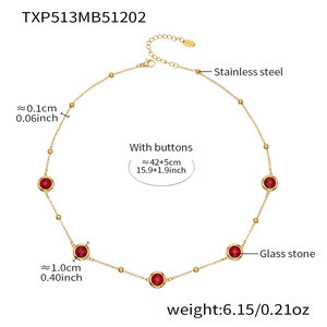 Detailed size chart of gold stainless steel necklace with red glass stone pendant