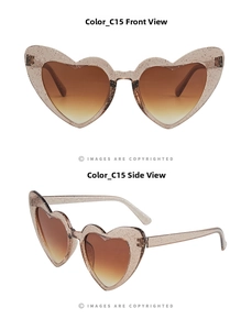 Dettaglio occhiali da sole a cuore cat-eye con montura marrone glitterata e lenti sfumate