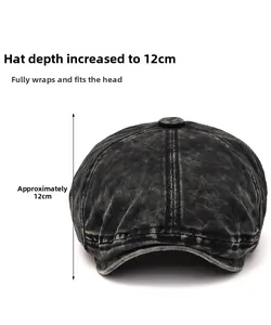 Detail of dark grey washed denim newsboy cap with 12cm depth for full head coverage