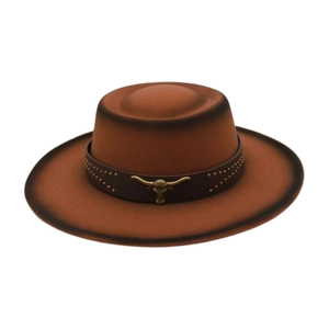 Chapeau fedora en laine marron avec emblème tête de taureau et large bord vintage
