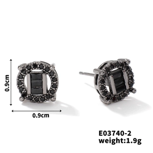 Detailed view of square black zircon earrings with size 0.9cm and weight 1.9g specs