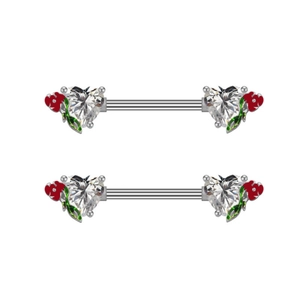 Close-up of red flower heart-shaped zircon nipple rings in polished medical steel