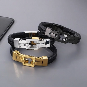 Men Braided Leather Bracelet With Stainless Steel Geometric Clasp Punk Style Hollow Woven Wristband Fashion Jewelry