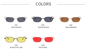 Matrix display of narrow metal sunglasses in five color combinations from C01 to C05