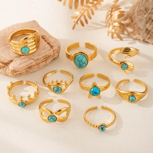 Vintage Bohemian Adjustable Open Ring Gold Plated Stainless Steel Natural Turquoise Stone Crown Evil Eye Style For Women