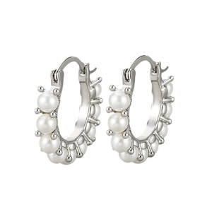 Elegant silver pearl hoop earrings with a row of round pearls on a minimalist white background