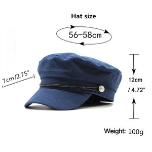 Blue woven newsboy hat for women with size chart showing dimensions and specifications