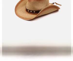 Detail view showing the woven texture of a vintage straw cowboy hat with a studded band.