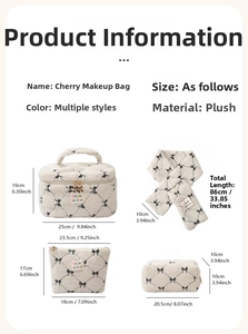 Detailed size view of lamb wool cosmetic bag set with black bow patterns and dimensions
