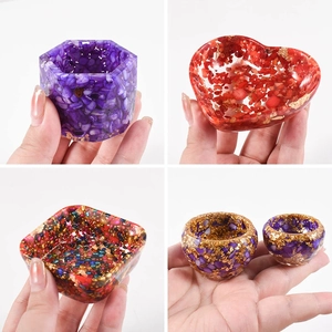 DIY heart and square resin storage dish molds with colorful crushed stone and gold foil