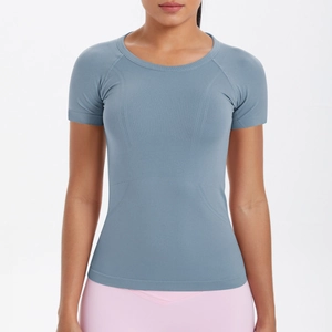 T-shirt sportiva da donna blu Morandi con maglia traspirante e scollo rotondo elasticizzato