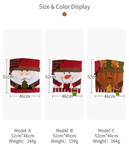 Size chart for Christmas chair covers featuring Santa, Snowman, and Reindeer designs